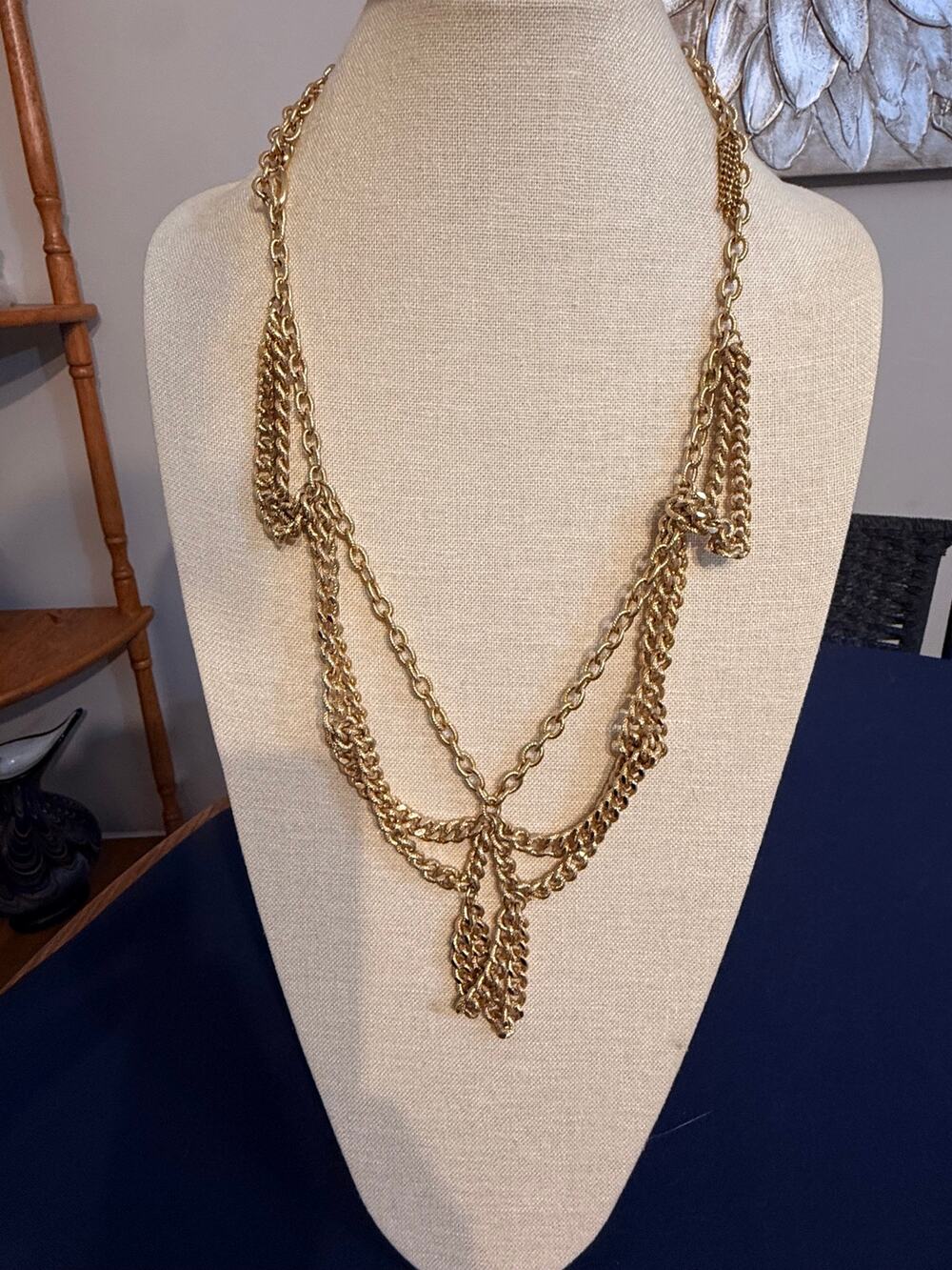 Vintage Gold Tone Multi Chain Drape Necklace 34”